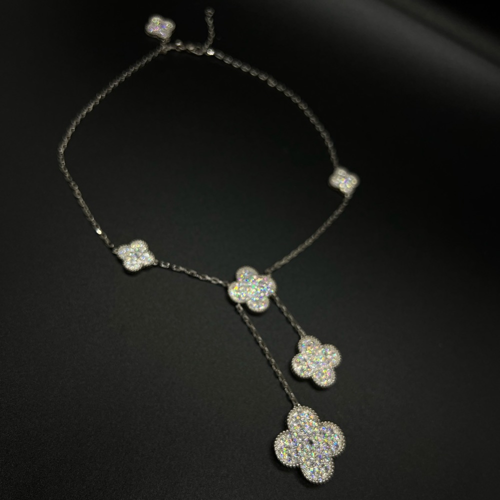 VCA Clover Motif necklace. In Silver 925 / 18k White Gold plating. CZ Crystals.